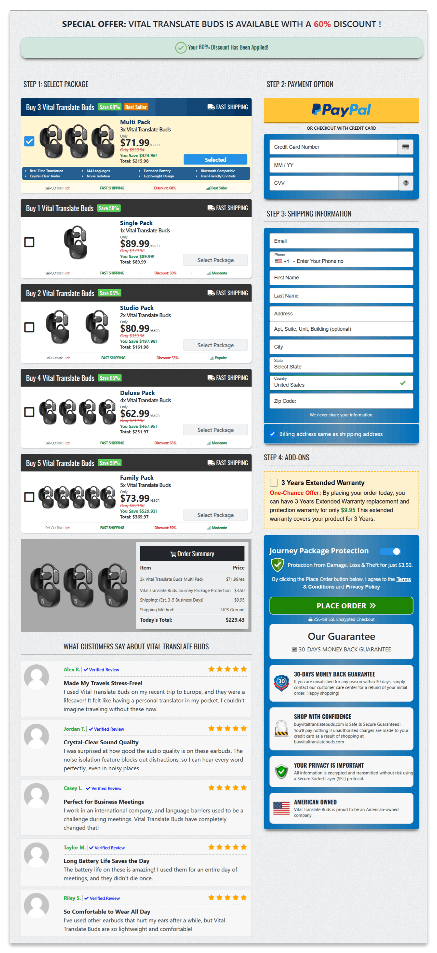 Vital Translate Buds secure checkout page